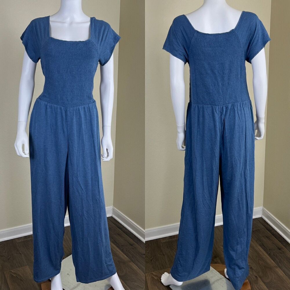 Soft Surroundings Women's Size L Blue Smocked Frida Wide Leg Jersey Jumpsuit